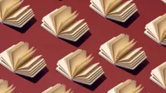 Иллюстрация: книги с пустыми страницами лежат в ряд на бордовом фоне