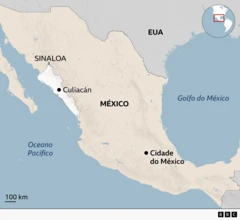 Mapa mostrando a localização de Culiacán, perto do litoral mexicano no oceano Pacífico, além da fronteira entre o Estado de Sinaloa e os Estados Unidos
