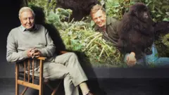 David Attenborough sits in front of a TV screen showing a still from the series Life on Earth which shows him as a younger man smiling next to two gorillas in the jungle.