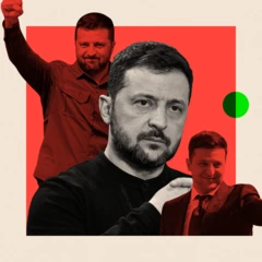 Image de montage traitée montrant trois photos différentes de Zelensky, dont une de lui en costume, une en noir et blanc de lui l'air pensif, et une autre avec le bras en l'air.