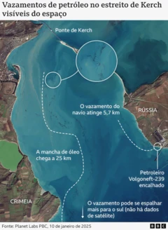 Gráfico da BBC intitulado Vazamentos de petróleo no estreito de Kerch visíveis do espaço, mostrando locais atingidos por vazamentos ocorridos naquela região