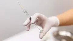 Mão com luva cirúrgia segurando uma seringa