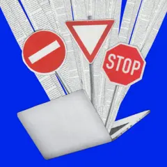 Collage sobre un fondo azul que muestra una computadora portátil de la que salen unas largas páginas de papel periódico con letras y señales de tránsito de alerta.