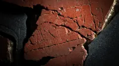 Un primer plano de un trozo de yeso rojo, formado por varios trozos más pequeños, con las letras F E C I T en mayúsculas claramente visibles con una línea dibujada en forma de cuadrado alrededor de tres lados de la palabra. Falta el lado izquierdo del yeso, donde debería estar el nombre de la persona o grupo que realizó la obra de arte.