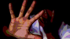 A Photoshopped image showing a woman covering her face and holding up her other hand