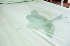 Un lit avec une tache d'urine sur le drap