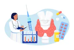 थाइरोड ग्रन्थि, चिकित्सक, औषधि, सूई र परीक्षणका लागि सङ्कलन गरिएको रगतको नमुनाको चित्राङ्कन