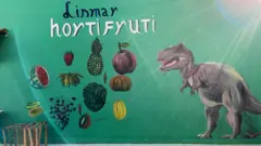 Fachada do Lismar Hortifruti, em Moreré, Boipeba, Bahia, com desenhos de frutas e um tiranossauro rex