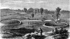 Ilustración que muestra colonos blancos explorando el sitio de los montículos