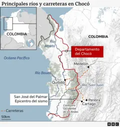 Mapa que muestra las principales carreteras y ríos del departamento del Chocó.