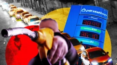 Benzinle ilgili görsellerden oluşan bir kolajda; bir akaryakıt pompasını tutan bir el, bir benzin istasyonundaki fiyatlar ve sıraya girmiş araçlar gösteriliyor.