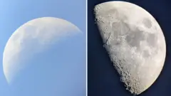 À esquerda: foto da Lua mostrando alguns contornos da superfície, tirada com um smartphone acoplado a um telescópio de 60 mm; à direita: foto da Lua com detalhes mais intrincados visíveis, tirada com um smartphone acoplado a um telescópio de 25 cm