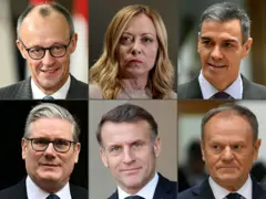 O chanceler alemão Friedrich Merz, a primeira-ministra italiana Giorgia Meloni, o primeiro-ministro espanhol Pedro Sánchez, o primeiro-ministro britânico Keir Starmer, o presidente francês Emmanuel Macron e o primeiro-ministro polonês Donald Tusk.