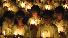 فالن گونگ روحانی تحریک کے ارکان 19 جولائی 2001 کو واشنگٹن، ڈی سی میں ایک مظاہرے کے دوران موم بتیاں تھامے ہوئے ہیں۔