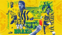 Montagem com as cores da bandeira brasileira e cenas do jogo entre Brasil e Estados Unidos