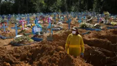 Coveiro em Manaus durante a pandemia, de máscara dentro de uma cova