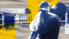 A collage of a man holding a baby with a court in the background of the image