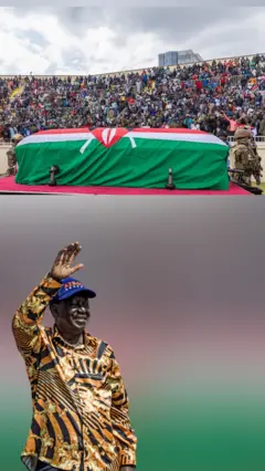 Upper image shows the coffin of Raila Odinga with mourners, while the lower image shows the Kenya opposition leader waving