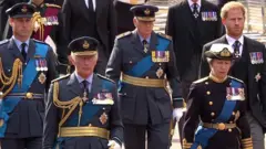 King Charles, the Princess Royal, Prince of Wales and Duke of Sussex behind Queen Elizabeth II's coffin