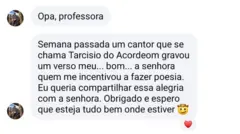 Print de mensagem que João Gomes enviou à professora no Facebook