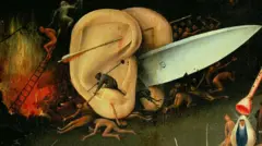 بخشی از نقاشی هریمینوس بوش، که دو گوش را نشان می‌دهد که چاقویی بین آنهاست، آدمک‌هایی در اطراف دیده می‌شوند