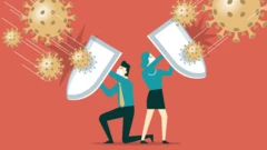 Ilustração mostra homem e mulher com escudos, tentando se proteger de ícones representando coronavírus