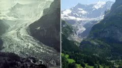 The Grindelwald and glacier in 1858 (left) versus 2013