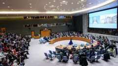 A general view shows US Secretary of State Antony Blinken (C) speaking during a United Nations Security Council meeting called to address the ongoing Israeli-Palestinian conflict, in New York, New York, USA, 24 October 2023. Thousands of Israelis and Palestinians have died since the militant group Hamas launched an unprecedented attack on Israel from the Gaza Strip on 07 October, and the Israeli strikes on the Palestinian enclave which followed it.