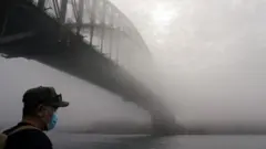 A man wearing a face mask takes in the waterfront view under the Sydney Harbour Bridge, Australia. File photo
