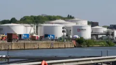 A view of fuel tanks of Russian multinational energy corporation Lukoil at its headquarters