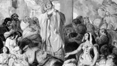 People praying for relief from the bubonic plague, circa 1350.