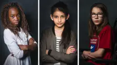 Composite image of three girls with arms crossed