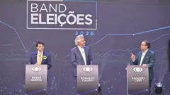 Renan Santos, Ronaldo Caiado e Augusto Cury durante o debate.