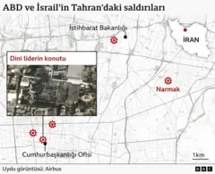Harita Tahran'da hedef alınan bölgeleri gösteriyor