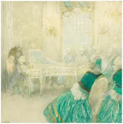 Wolfgang e Nannerl sentam-se como crianças em frente a um piano. Atrás deles está um homem, Leopold. Eles são observados por várias mulheres sentadas em um grande salão.