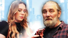A composite image of Shauna (on the left) looking down at her phone and Adam staring ahead. Shauna is wearing a black top with a pendant necklace. Adam is wearing a check shirt