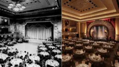 Dos imágenes, una antigua y otra actual, del salón de baile con mesas redondas y sillas alrededor. De fondo, un escenario con un gran telón en la foto antigua, mientras que en la versión moderna el escenario tiene una forma curva y está decorado con muchas luces.