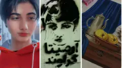 چهره و نام آرمیتا، دختر ۱۶ ساله‌ای که چند روز پیش در مسیر مدرسه دچار حادثه شد در برخی از خیابان‌های پایتخت نقش بسته است (تصویر سمت راست یکی از نقاشی‌های این دانش‌آموز است) 