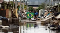 Uma mulher segura uma bandeira do Brasil12 apostasmeio a diversos móveis12 apostasuma rua ainda com sinais12 apostaságua12 apostasPorto Alegre