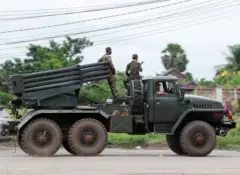Mandatory Credit: Photo by KITH SEREY/EPA/Shutterstock (15415979c)
Cambodian soldiers ride on a self-propelled multiple rocket launcher in Oddar Meanchey province, northwest of Cambodia, 27 July 2025. Fighting between Thai and Cambodian forces continued on 27 July, marking the fourth consecutive day of border clashes. According to a spokesperson for Cambodia's Ministry of Defense, the conflict has displaced more than 80,000 people. Authorities have shut down 600 schools across five provinces, impacting around 150,000 students and over 6,000 teachers.
Border Clashes enter fourth day as Over 80,000 people are displaced, hundreds of schools shut, Oddar Meanchey Province, Cambodia - 27 Jul 2025
