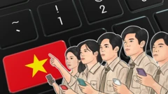 Ảnh minh họa những người cầm điện thoại di động, đứng trước một hình bàn phím máy tính và cờ Việt Nam.