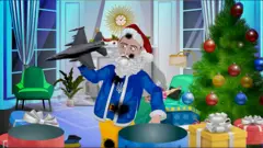 A scene from "Ukraine Inc" showing Volodymyr Zelensky "stealing" toys from French kids