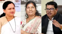 चंद्रपूरच्या नवनिर्वाचित महापौर संगीता खांडेकर (मध्यभागी) यांच्यासह खासदार प्रतिभा धानोरकर (डावीकडे) आणि विजय वडेट्टीवार उजवीकडे. 