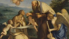 بخشی از نقاشی«آخرین عشای ربانی مریم مصری»، فرشتگان اطراف یک قدیسه هستند که در حال متبرک شدن است