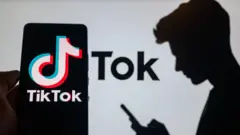 Silhueta de uma pessoa olhando para o telefone e tela de celular mostrando o logotipo do TikTok
