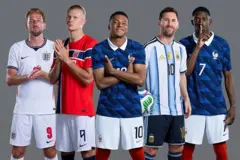 Sur cette photo-montage figurent, de gauche à droite, les prétendants actuels au Soulier d'Or : Harry Kane (n° 9, Angleterre), Erling Haaland (n° 9, Norvège), Kylian Mbappé (n° 10, France), Lionel Messi (n° 10, Argentine) et Ousmane Dembélé (n° 7, France), à l'approche des quarts de finale de la Coupe du Monde de la FIFA 2026, le 6 juillet 2026 aux États-Unis.