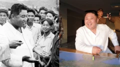 Uma imagem composta mostra uma fotografia em preto e branco do presidente Kim Il Sung, vestido todo de branco, rodeado por homens na Fábrica de Máquinas-Ferramenta Huichon, ao lado de uma fotografia colorida de Kim Jong Un, com um traje semelhante, sorrindo enquanto está sentado à mesa, com um homem de uniforme militar atrás dele.