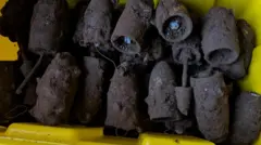 Uma caixa amarela com cerca de 20 bombas da Segunda Guerra Mundial cobertas de lama, mas com uma carga ainda visível na maioria delas