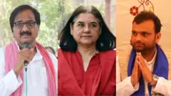 इंडिया गठबंधन के प्रत्याशी राम भुआल निषाद, बीजेपी प्रत्याशी मेनका गांधी और बसपा उम्मीदवार उदराज वर्मा