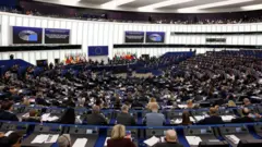 広い議事堂に青い議席がすり鉢状に並び、欧州議会議員たちが書類を前にして前方の議長席を見下ろしている